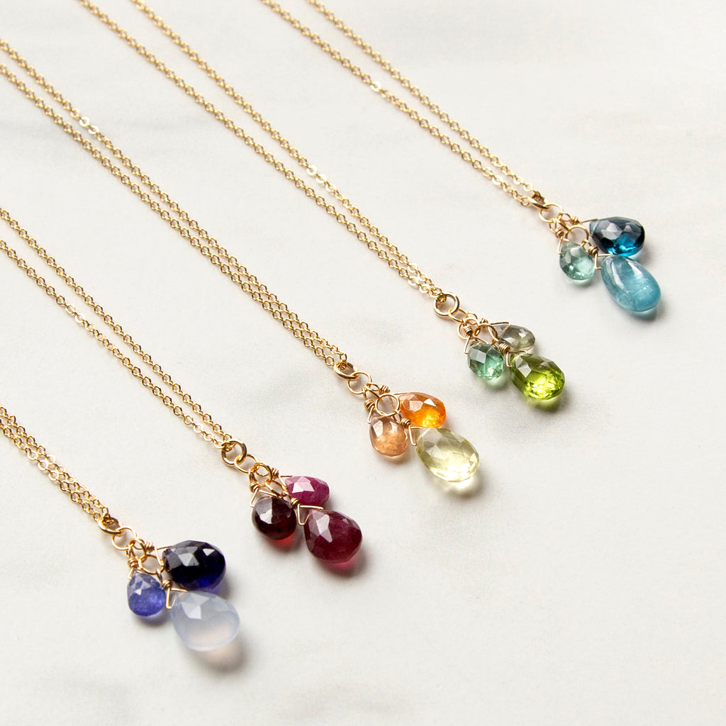 Three Gemstone Cluster Necklace (14k Gold-fill)