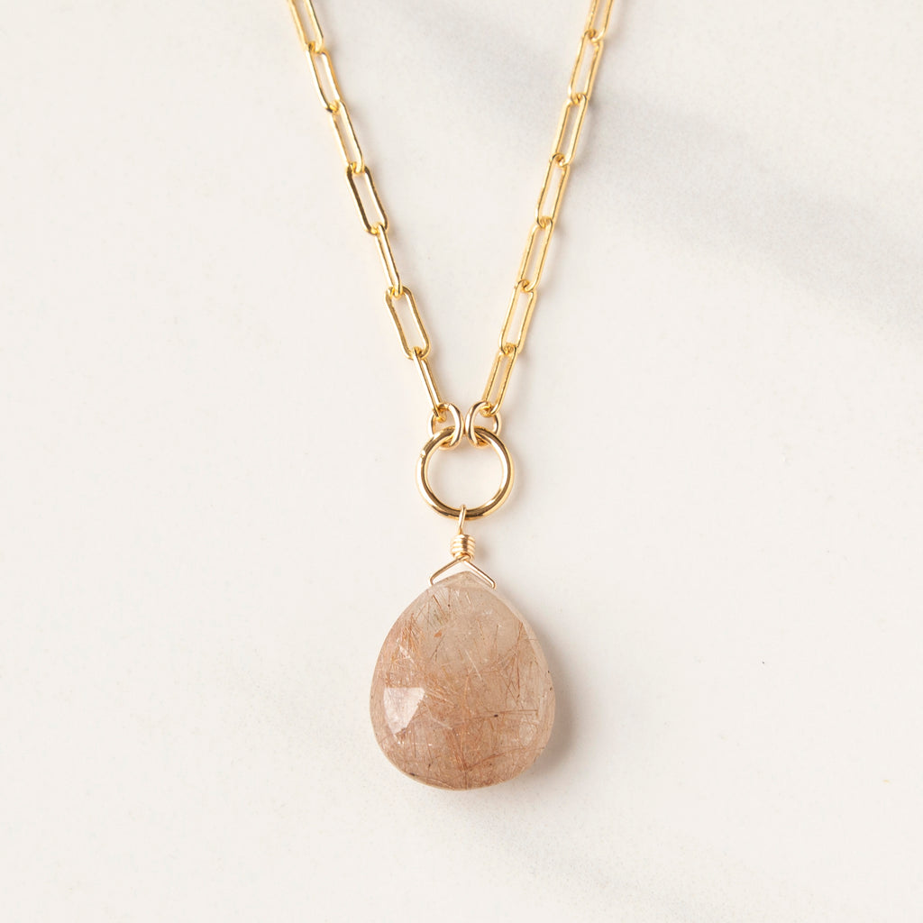 Large Gemstone Necklace on Gold Paperclip Chain