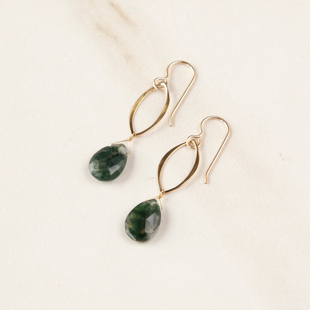 Moss Agate on Marquis Earrings (Gold or Silver)
