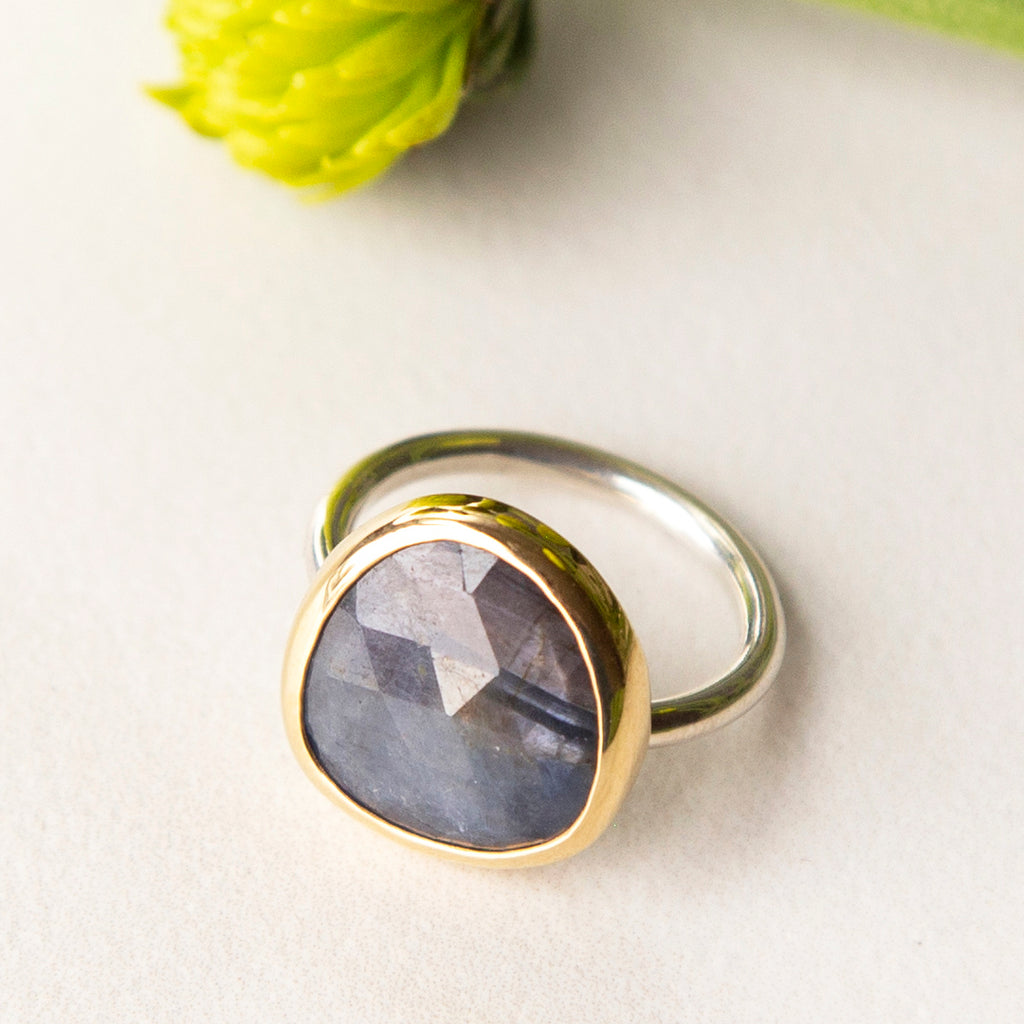 Blue-Grey Sapphire in 18k Bezel Ring