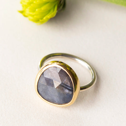 Blue-Grey Sapphire in 18k Bezel Ring