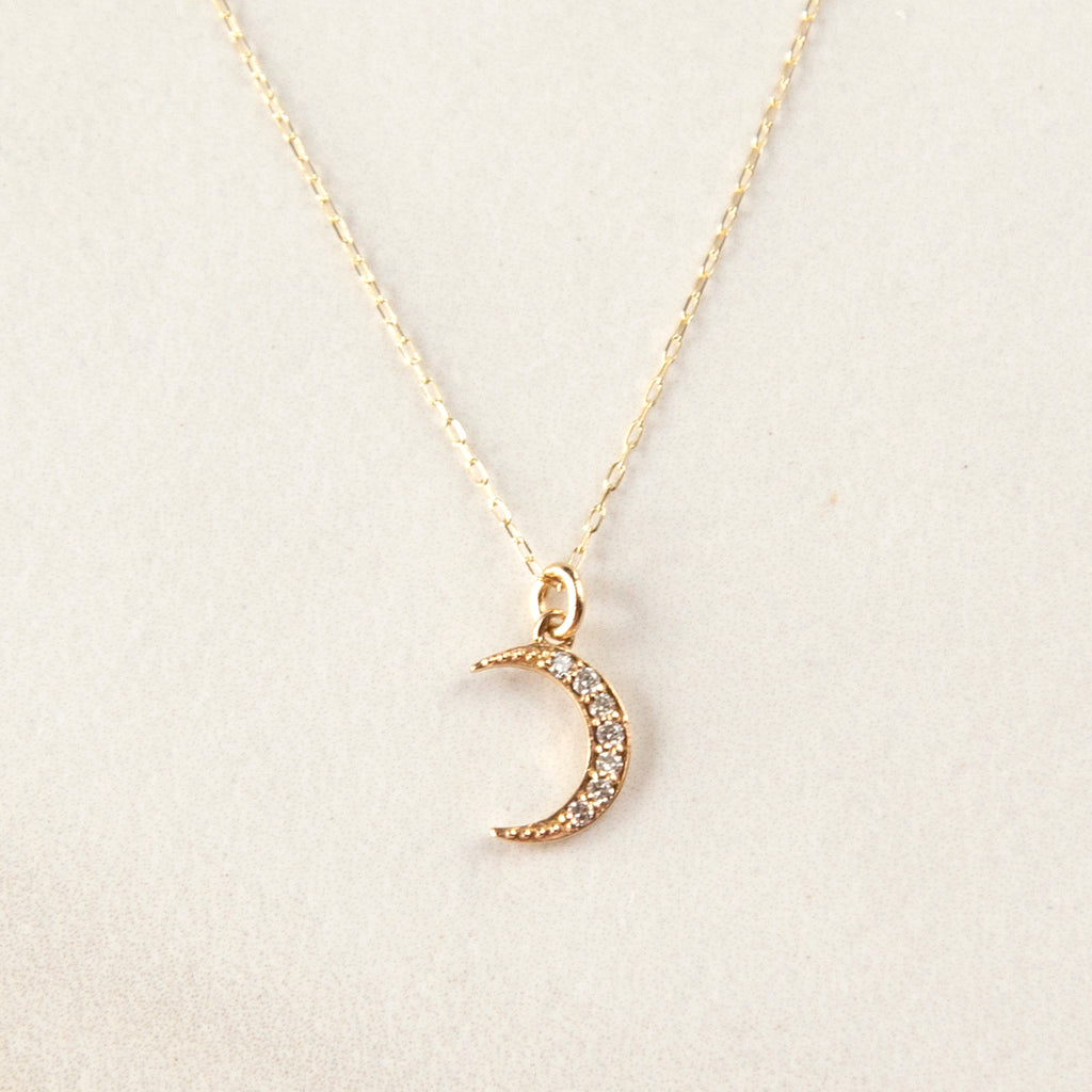 Solid 14K Diamond Moon Necklace