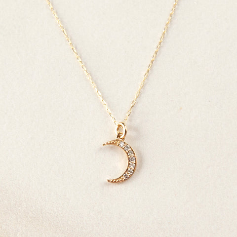 Solid 14K Diamond Moon Necklace