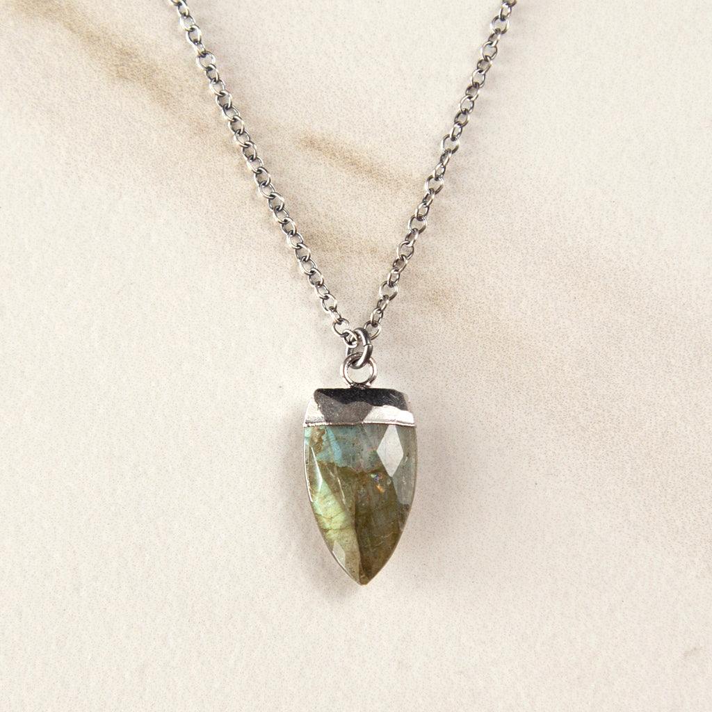 Silver Labradorite Gemstone Pendant Necklace - 1/2 Marquis
