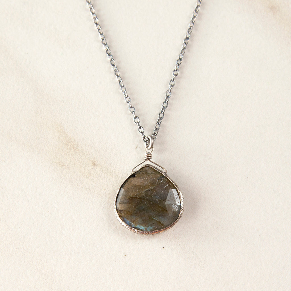 Large Labradorite Pendant Necklace with Textured Silver Bezel