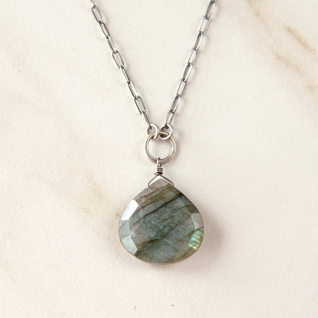 Large Faceted Labradorite Silver Necklace with Paperclip Chain