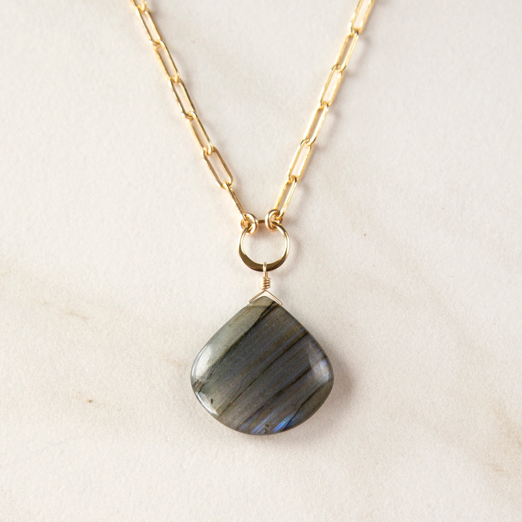 Large Labradorite Gold Necklace with Paperclip Chain