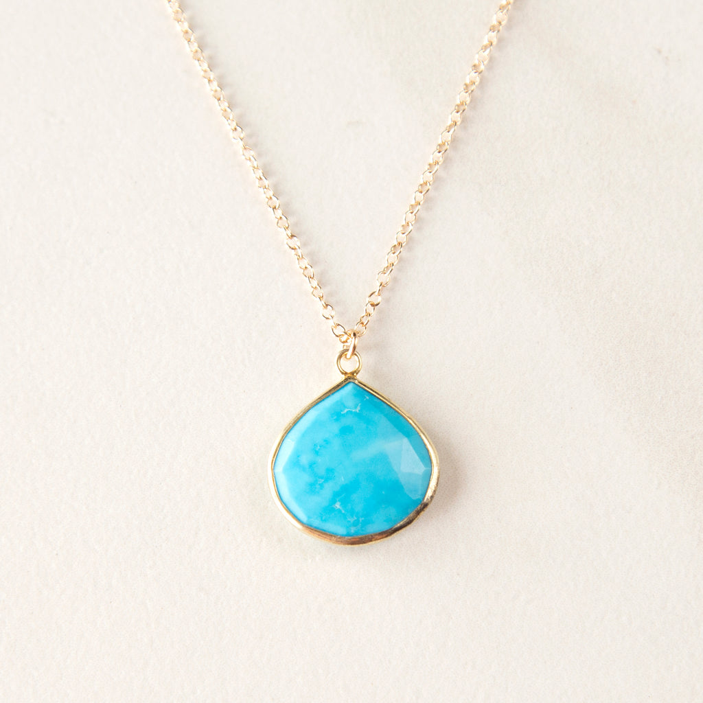 Large Bezel Wrapped Turquoise Pendant Gold Necklace