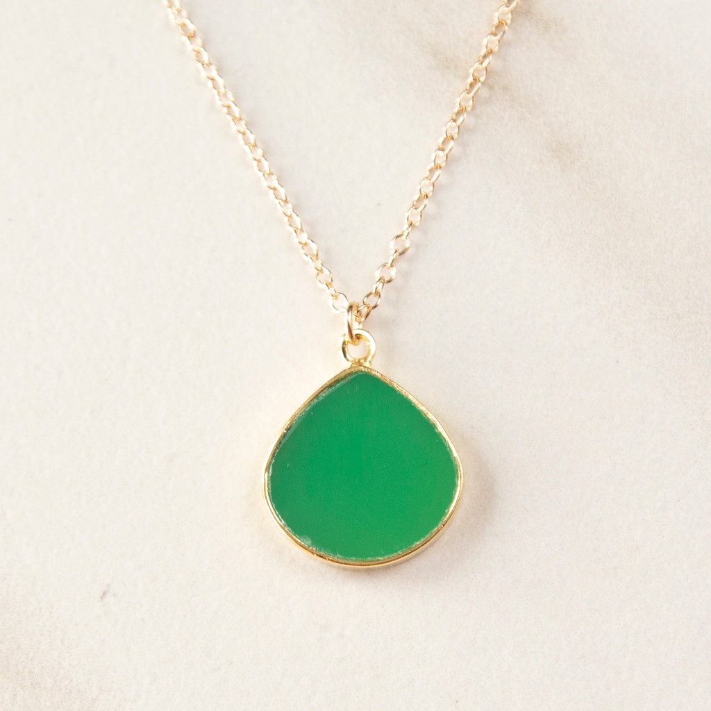 Large Bezel Wrapped Chrysophrase Pendant Gold Necklace
