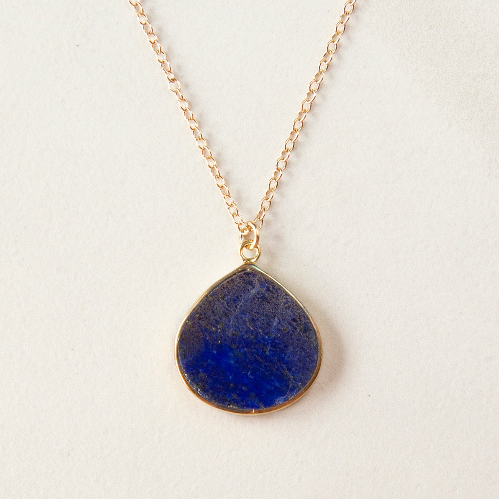 Large Bezel Wrapped Lapis Pendant Gold Necklace