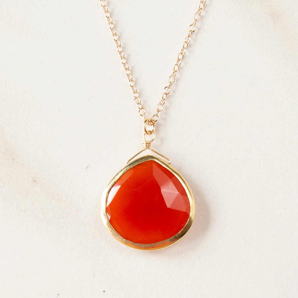 Large Bezel Wrapped Carnelian Pendant Gold Necklace