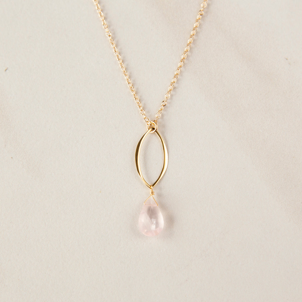 Rose Quartz on Gold Marquis Necklace