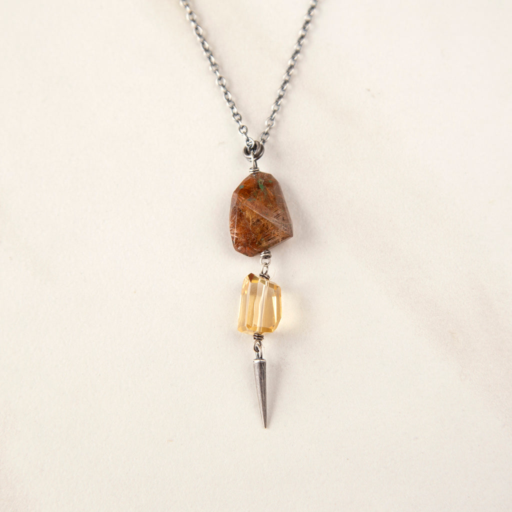 Large Tourmalated Quartz on Silver Ring Necklace