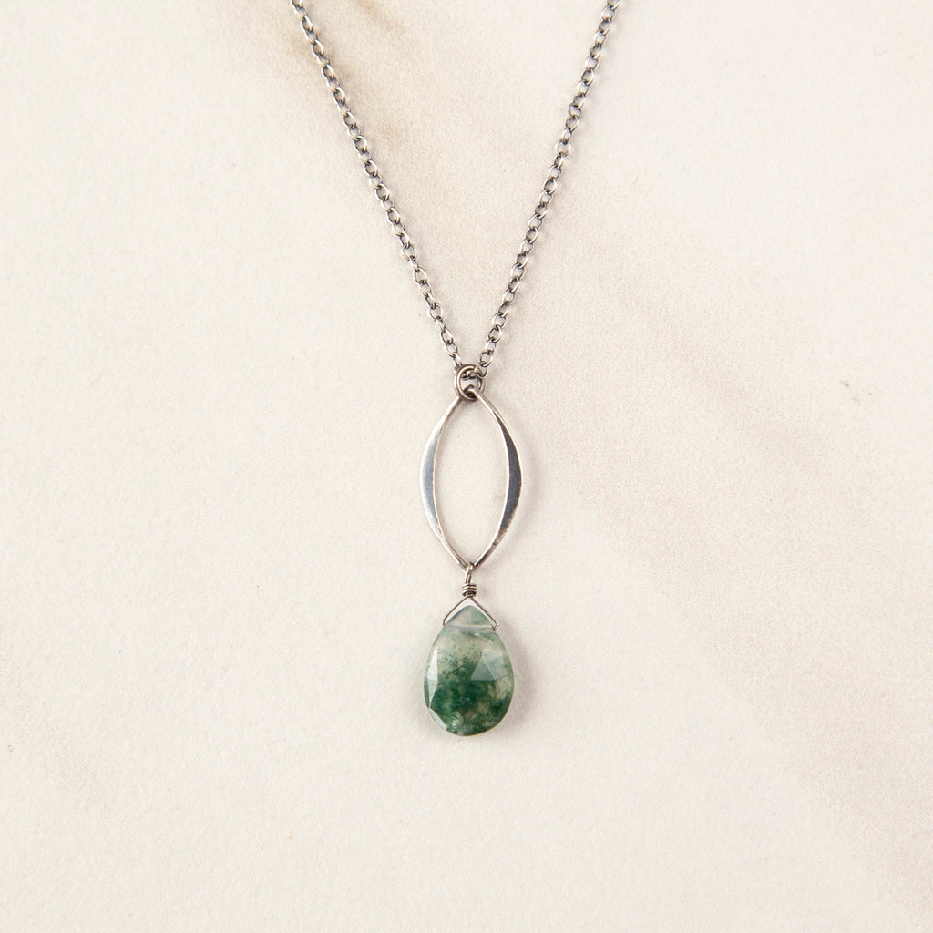 Moss Agate on Silver Marquis Necklace