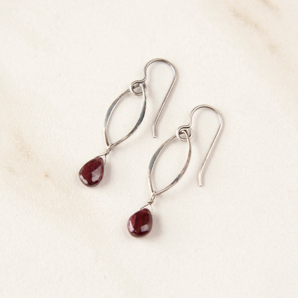 Garnet on Oxidized Sterling Silver Marquis Earrings