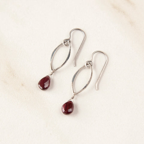 Garnet on Oxidized Sterling Silver Marquis Earrings
